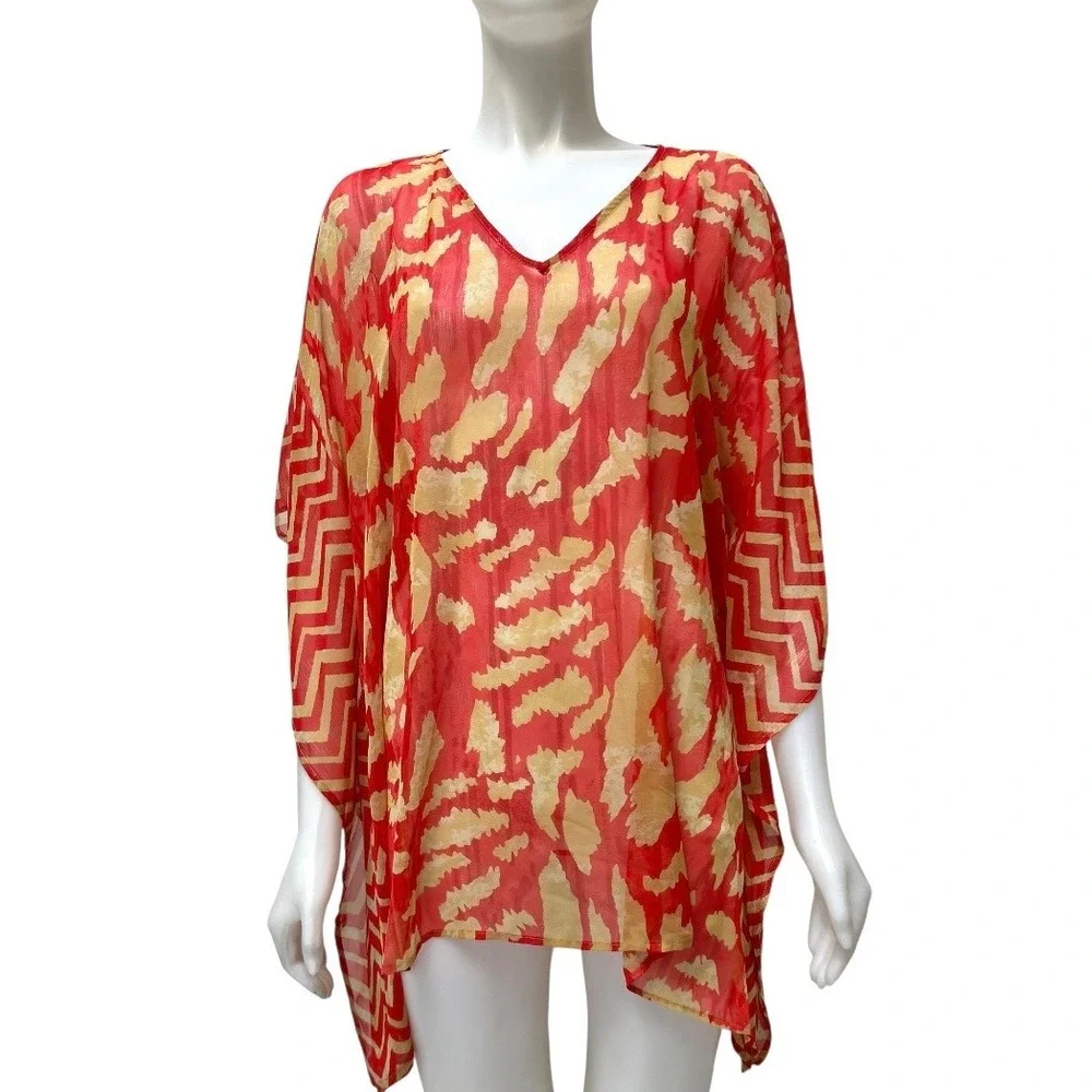 Chicos Red Abstract Animal Print Sheer Kaftan Swim Cover Up Boho Resortwear S/M